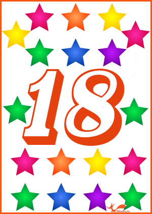 Карточки от звездочки. Карточки 18 число. Число 18 для детей. Цифры для детей до 20 карточки. Разноцветные карточки с цифрами.